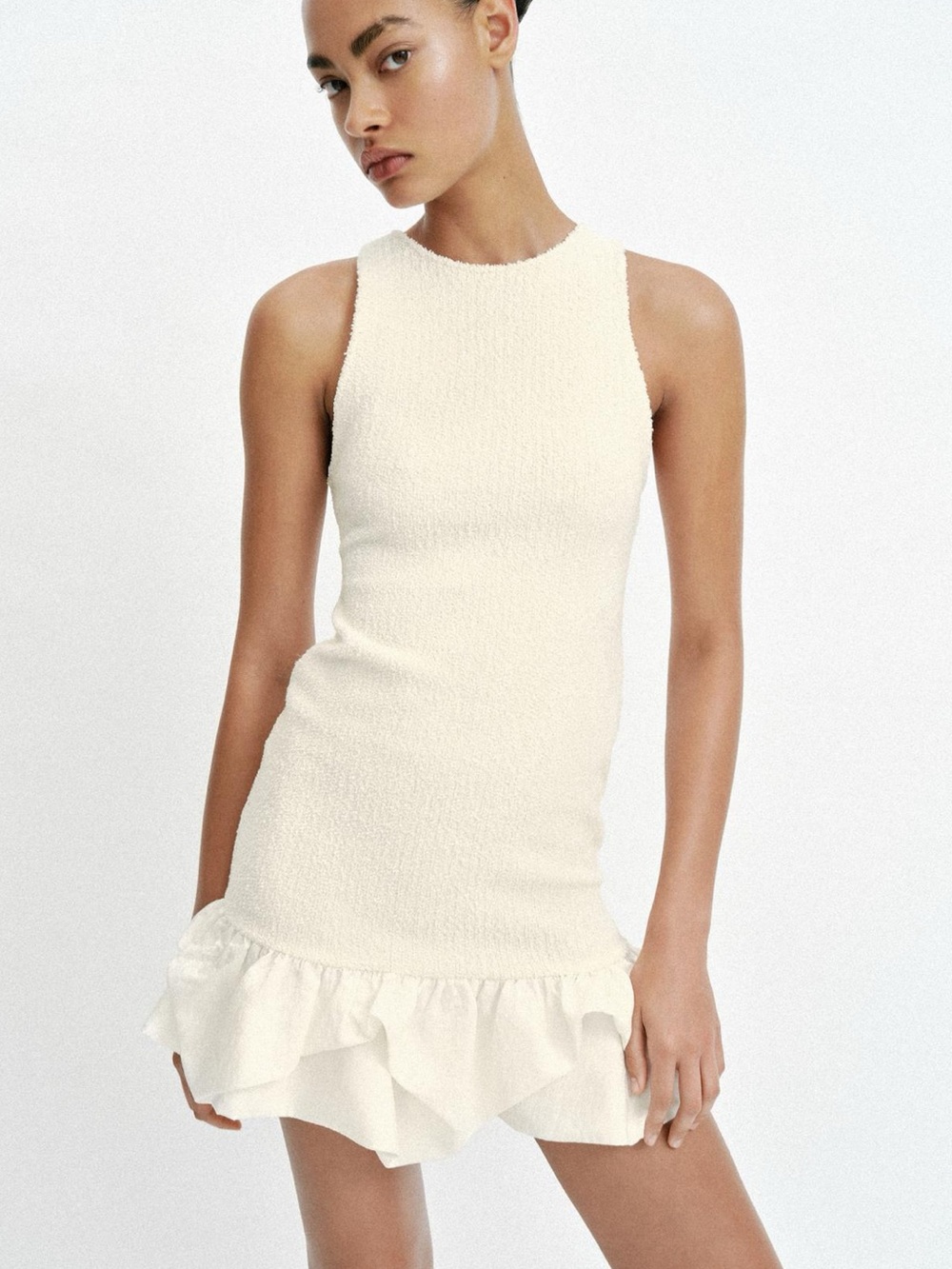 Sleeveless Cream Ruffle-Hem Dress